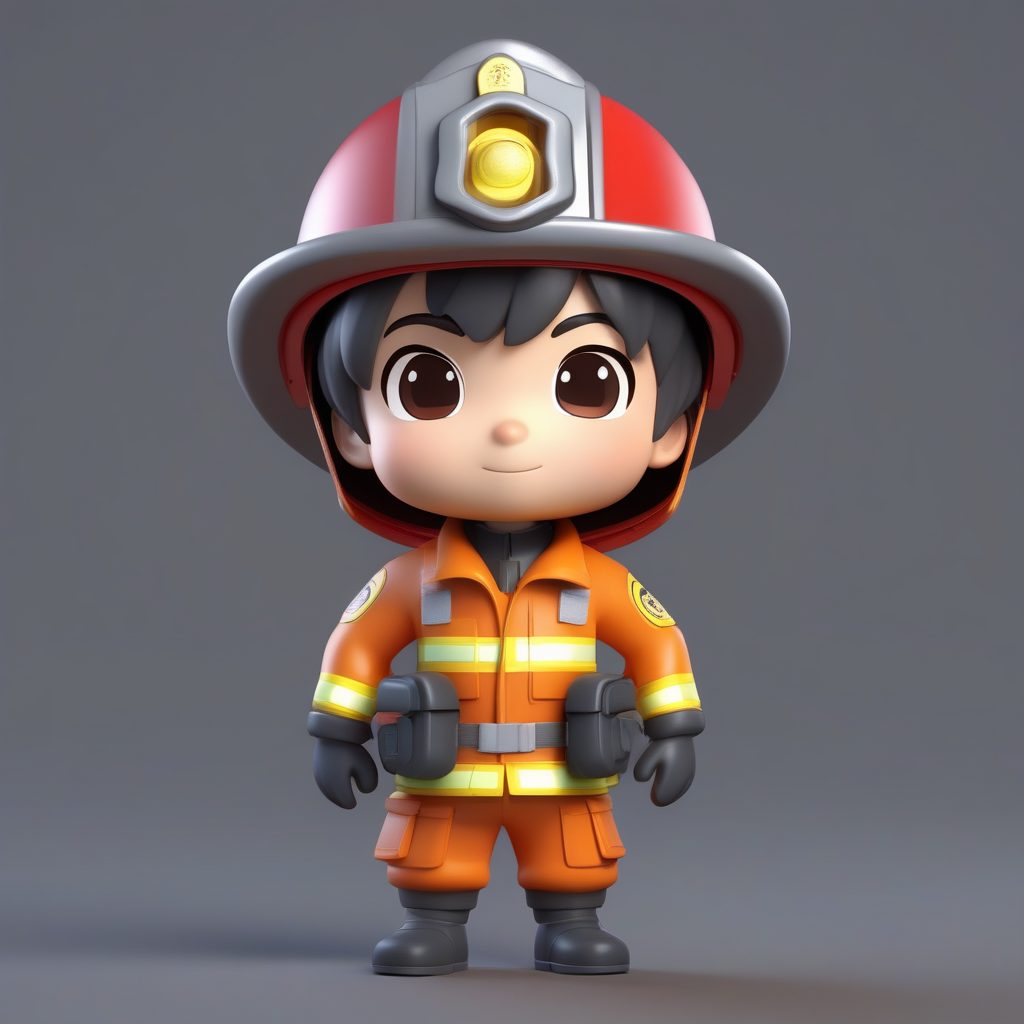3D盲盒Q版消防员男孩模型：专业制服与石板灰背景