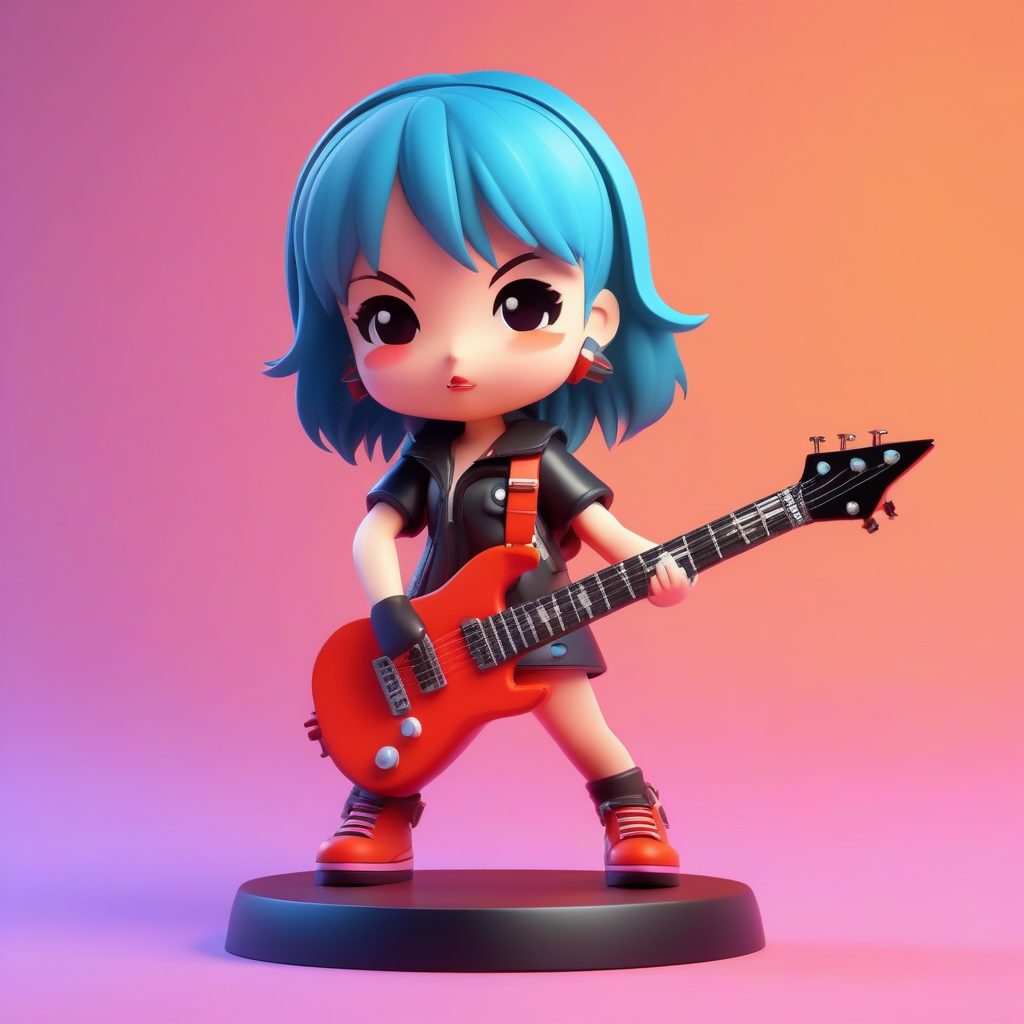 3D盲盒Q版摇滚吉他手AI提示词：动态朋克女孩全身渲染