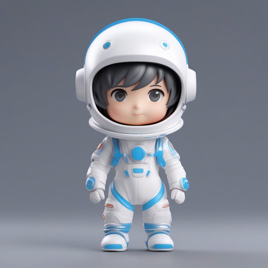 3D盲盒Q版宇航员男孩模型：高光泽太空服与灰色背景