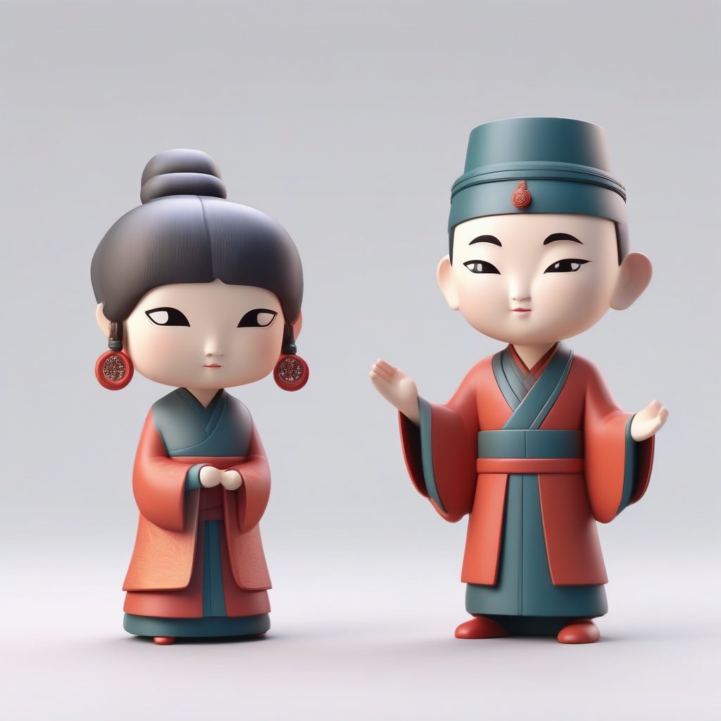 3D盲盒手办风：C4D高抛光Q版古风情侣全身渲染提示词