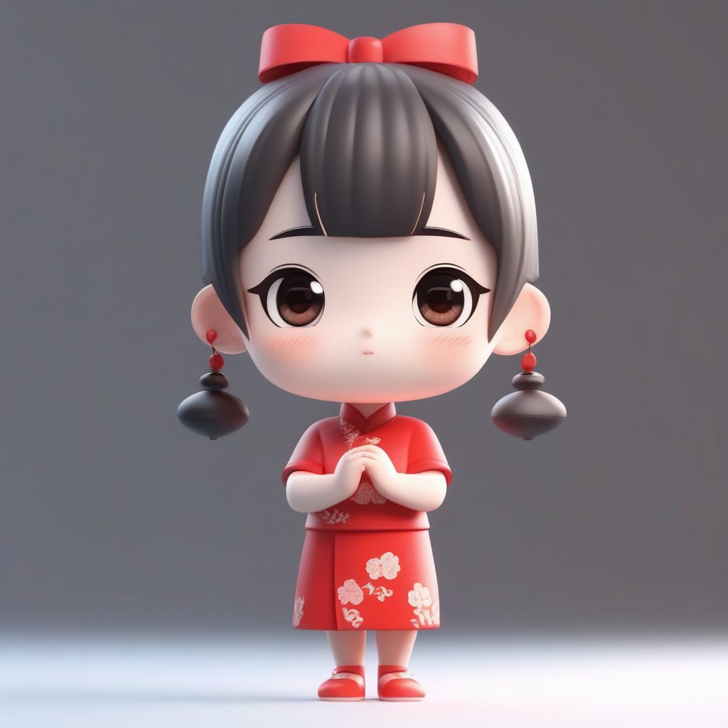 3D盲盒手办：经典红旗袍少女，可爱Q版全身站姿渲染