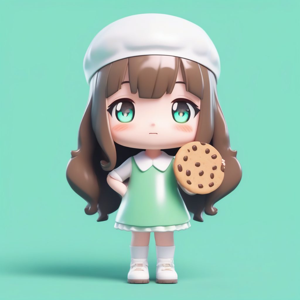 3D模拟盲盒Q版美食家：光泽材质曲奇饼干女孩提示词