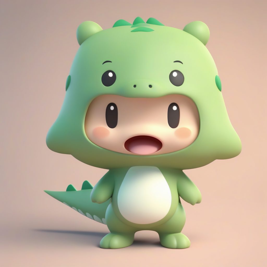 3D粘土风：恐龙睡衣Q版男孩全身渲染图，淡绿色背景