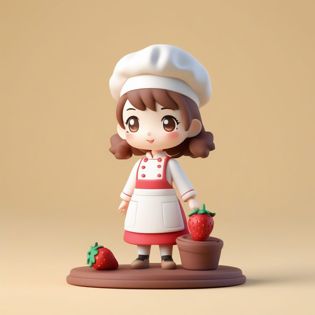 3D粘土风Q版糕点师女孩AI提示词：盲盒玩具可爱全身渲染图
