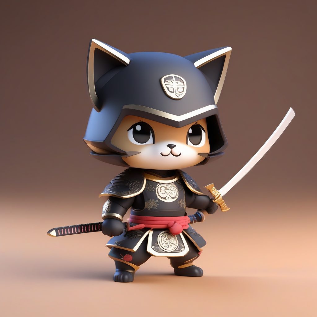 3D粘土盲盒风Q版武士猫男孩：极简全身像AI绘画关键词