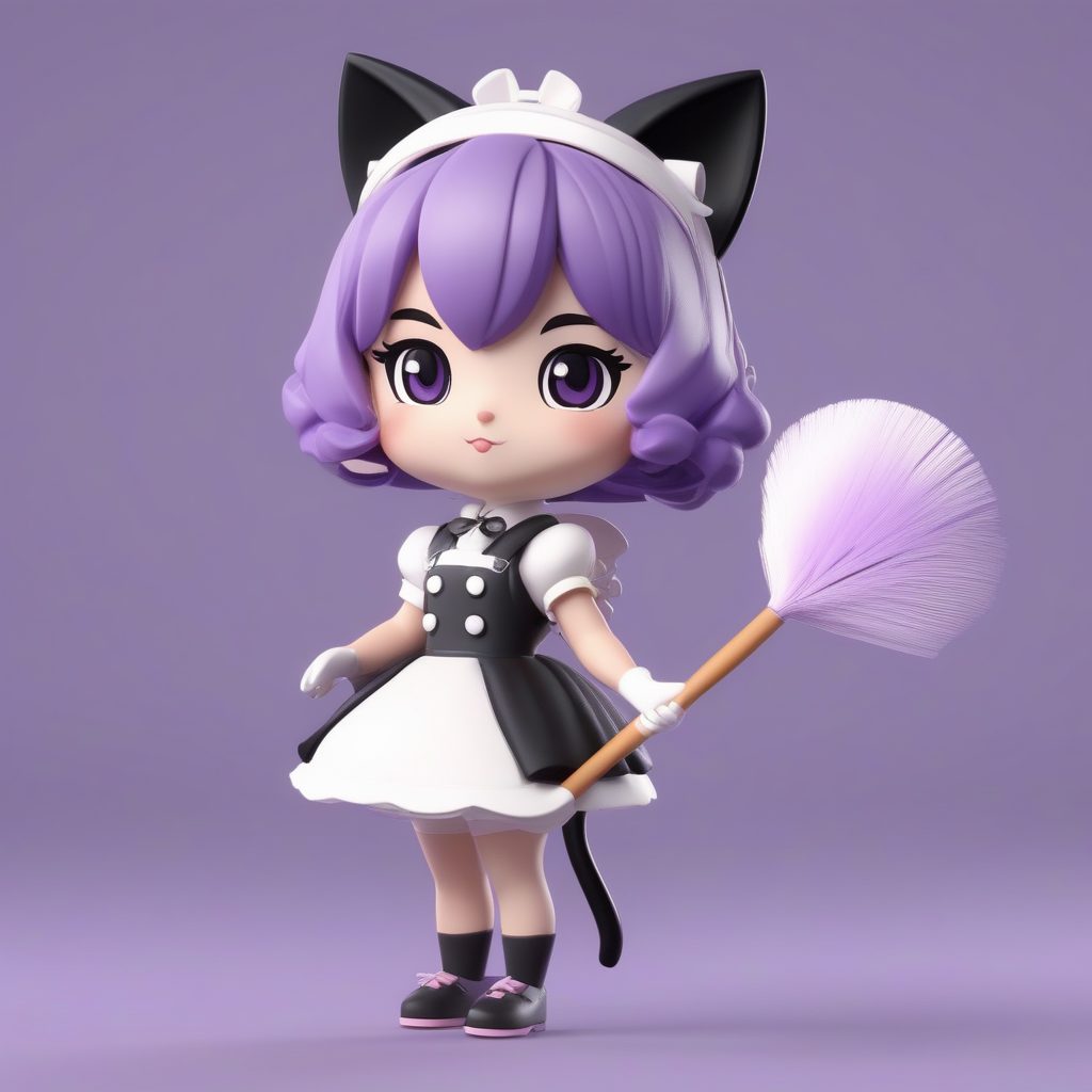 3D粘土盲盒Q版猫耳女仆AI提示词：紫色短发与可爱猫咪主题