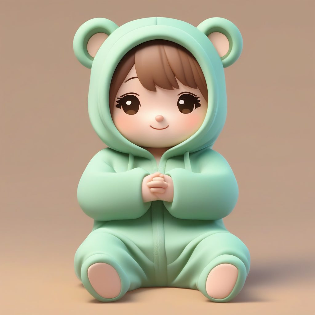 3D粘土盲盒Q版女孩：可爱的棕色小熊睡衣套装AI咒语