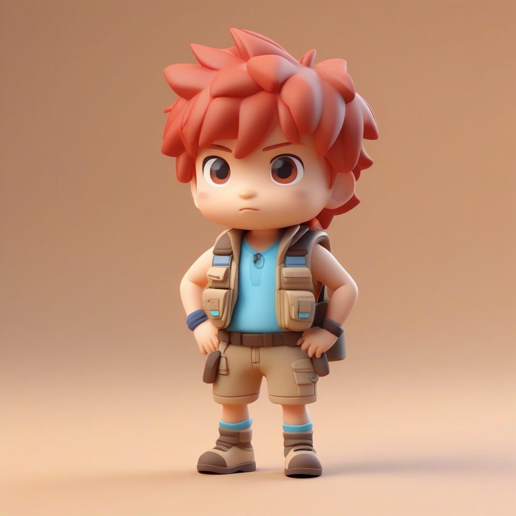 3D粘土Q版探险家男孩AI绘画提示词：红色乱发与恐龙玩具