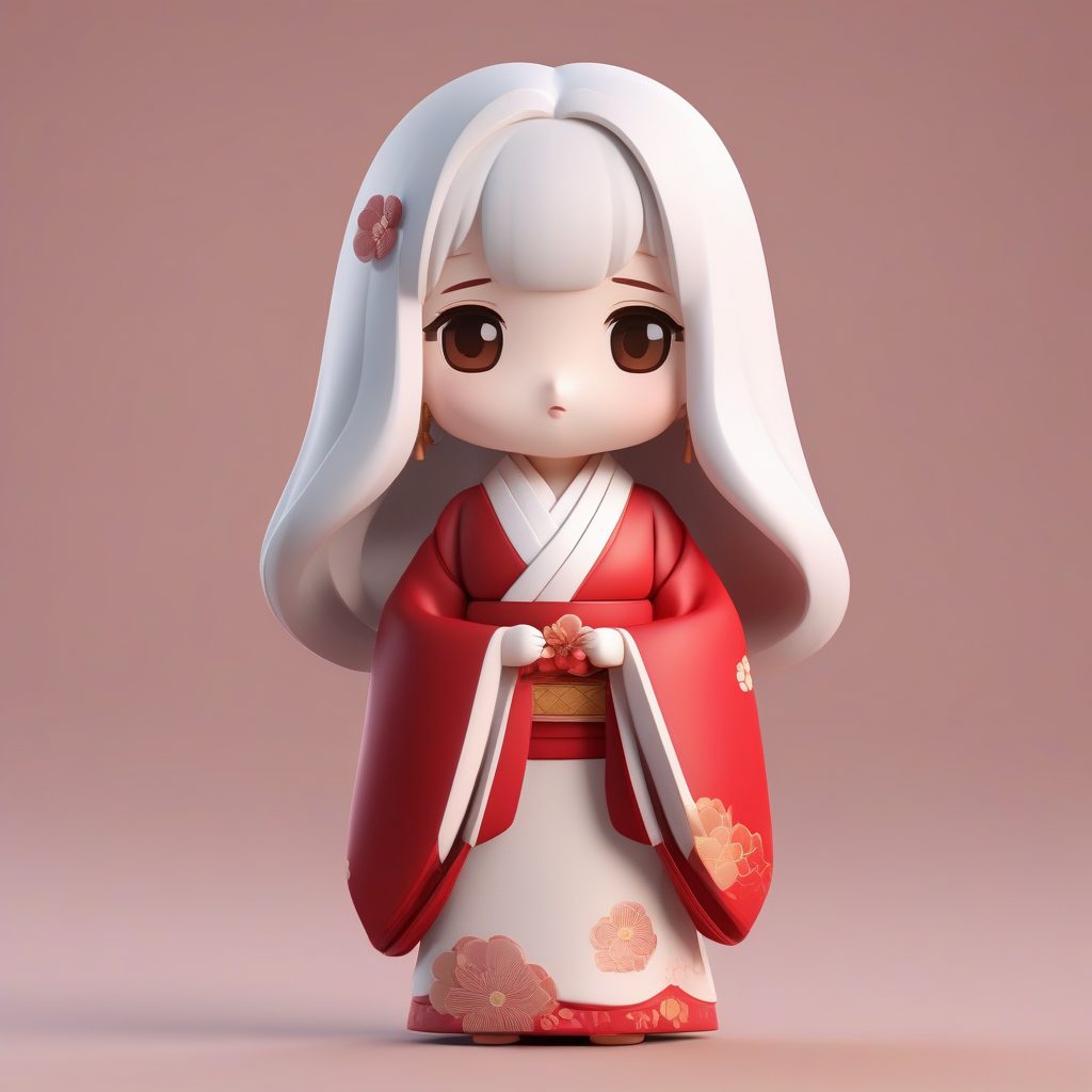 3D粘土渲染极简Q版白发和服少女手办