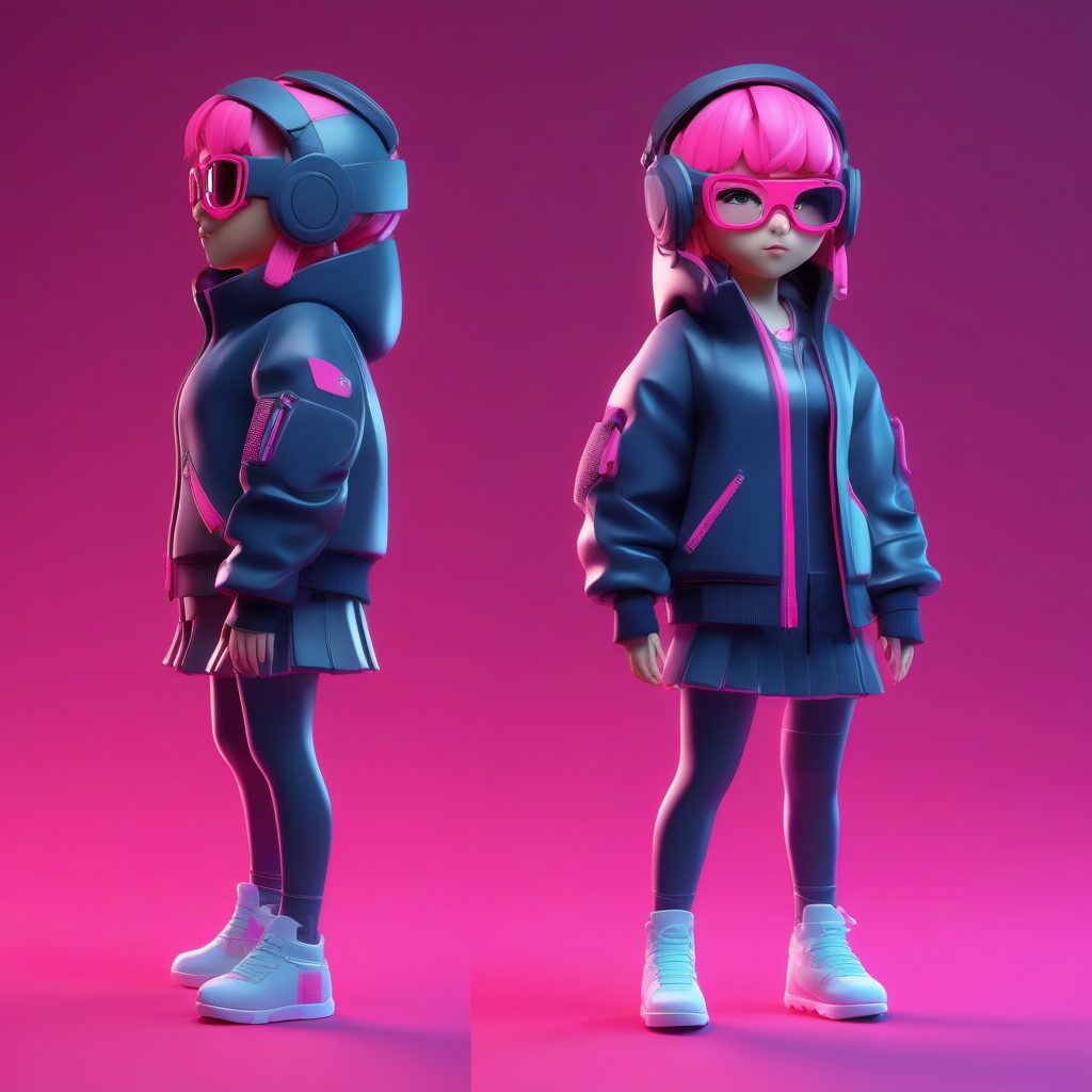 3D赛博朋克黑客Q版女孩AI绘画提示词：霓虹未来感