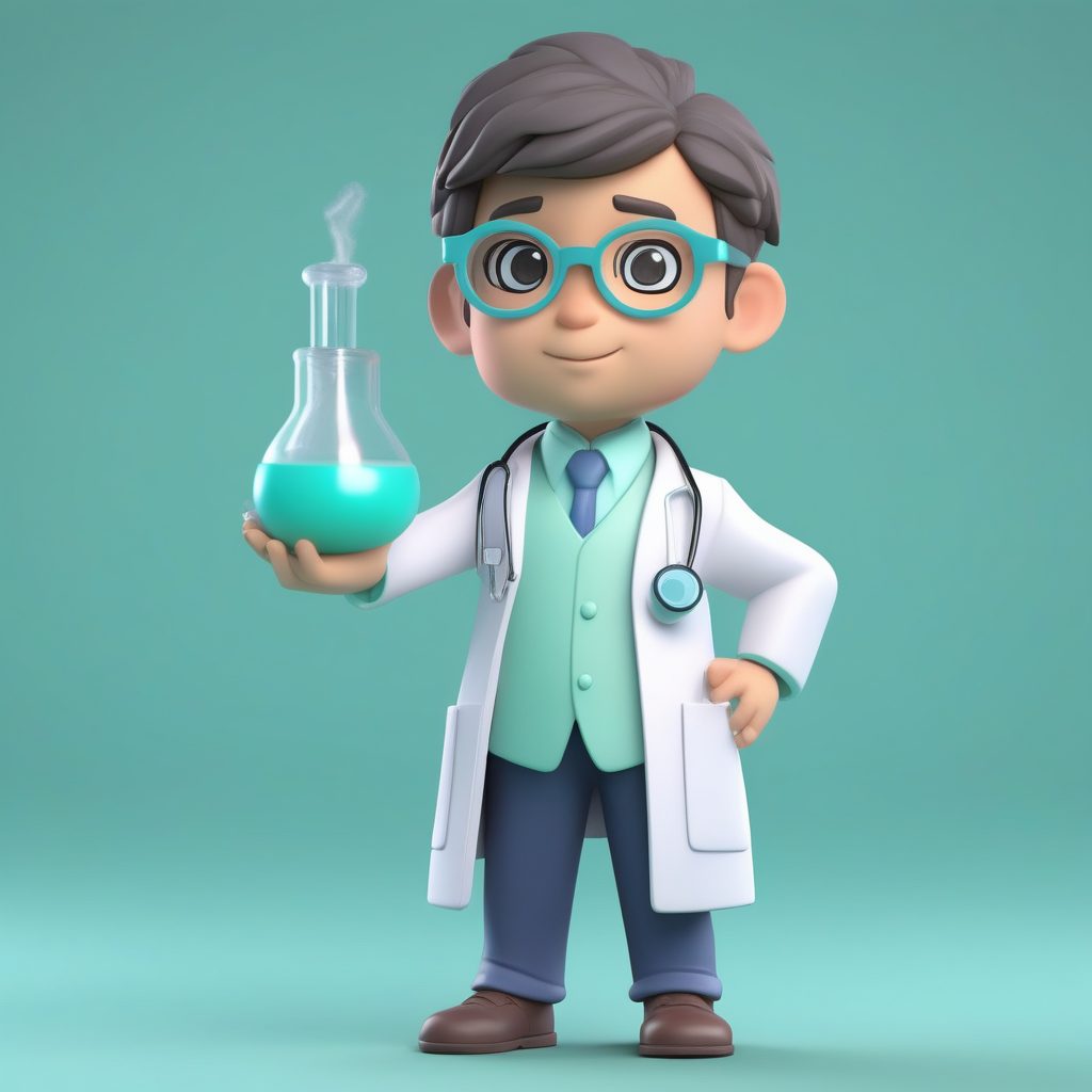 3D实验室科学家Q版男孩雕塑，C4D渲染，化学实验服全身像