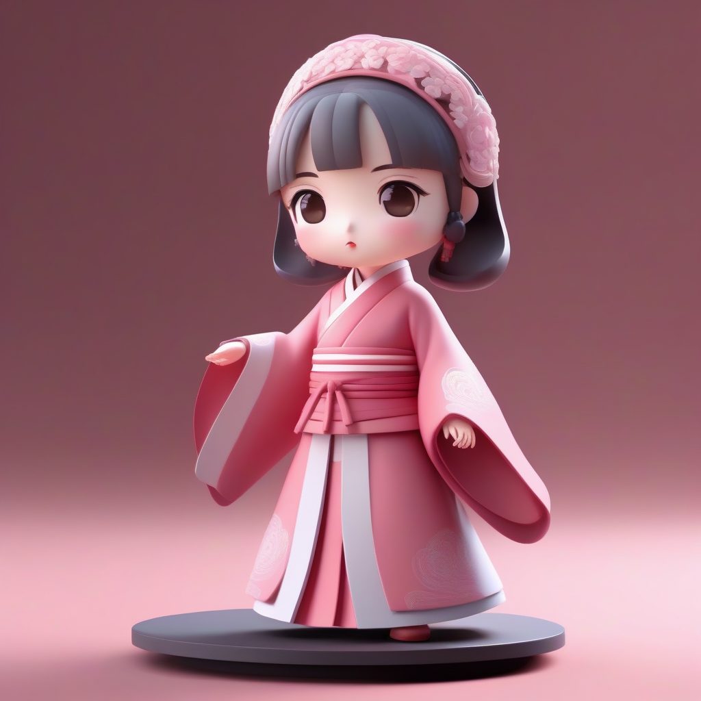 3D唐制齐胸襦裙：粉色系Q版盲盒公仔，动态旋转姿势