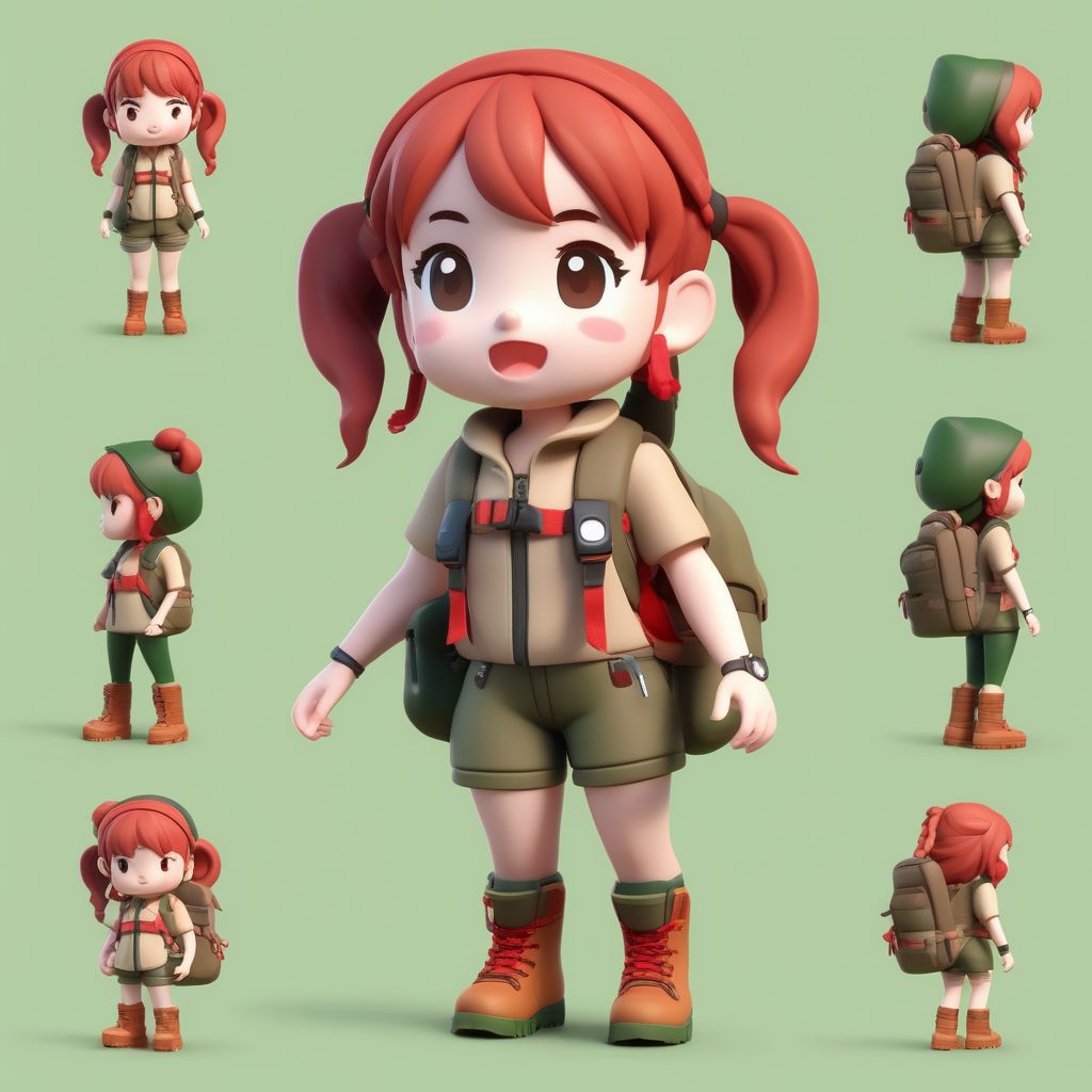 3D徒步旅行Q版女孩：户外背包客粘土手办渲染