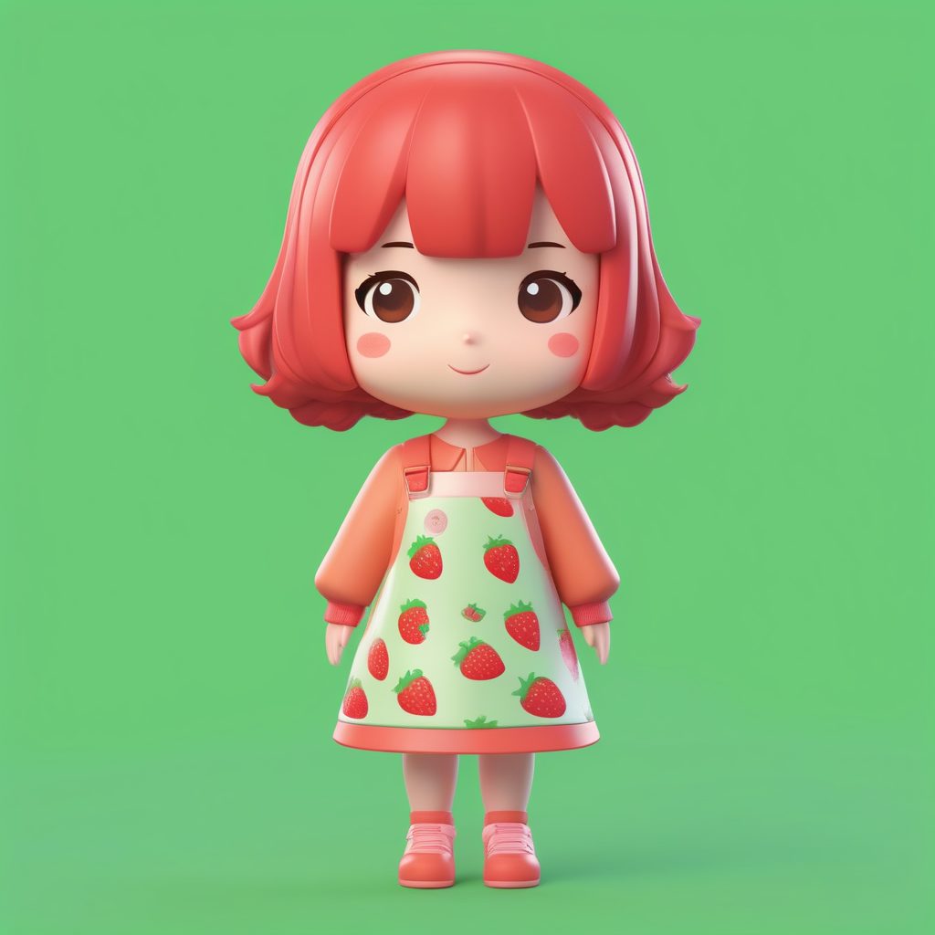 3D渲染草莓裙极简卡哇伊Q版女孩全身照