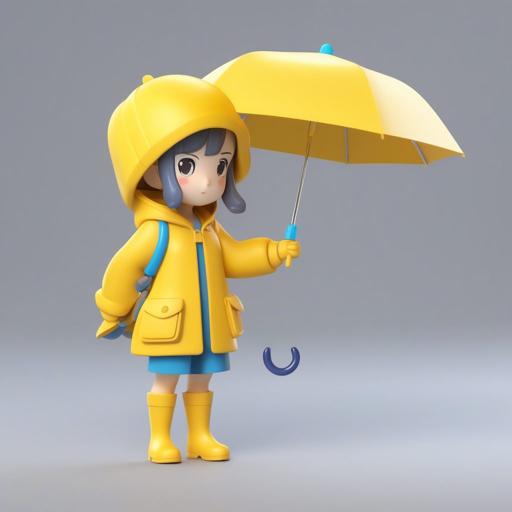 3D渲染盲盒：穿黄色雨衣的极简Q版可爱女孩