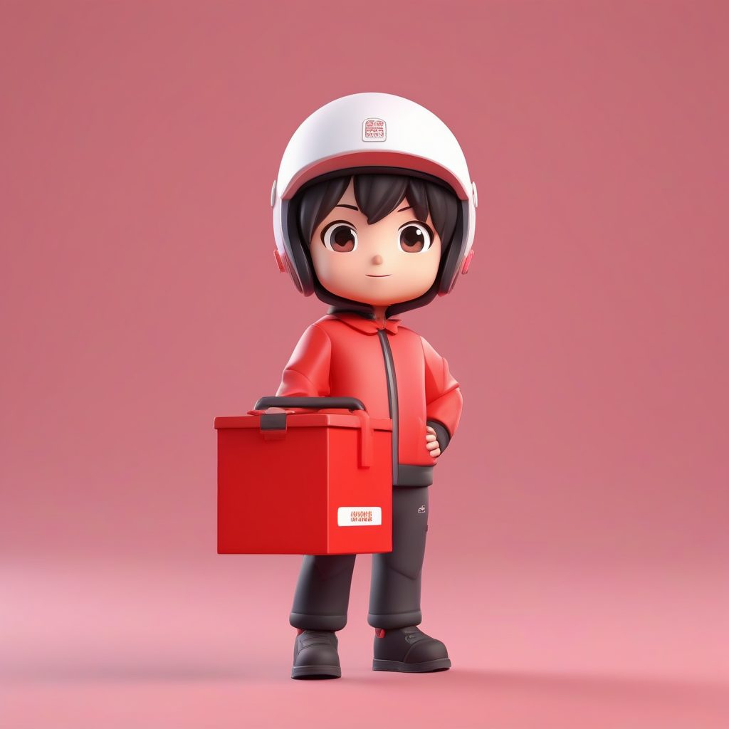 3D渲染Q版外卖骑手男孩：极简动漫角色盲盒风全身提示词