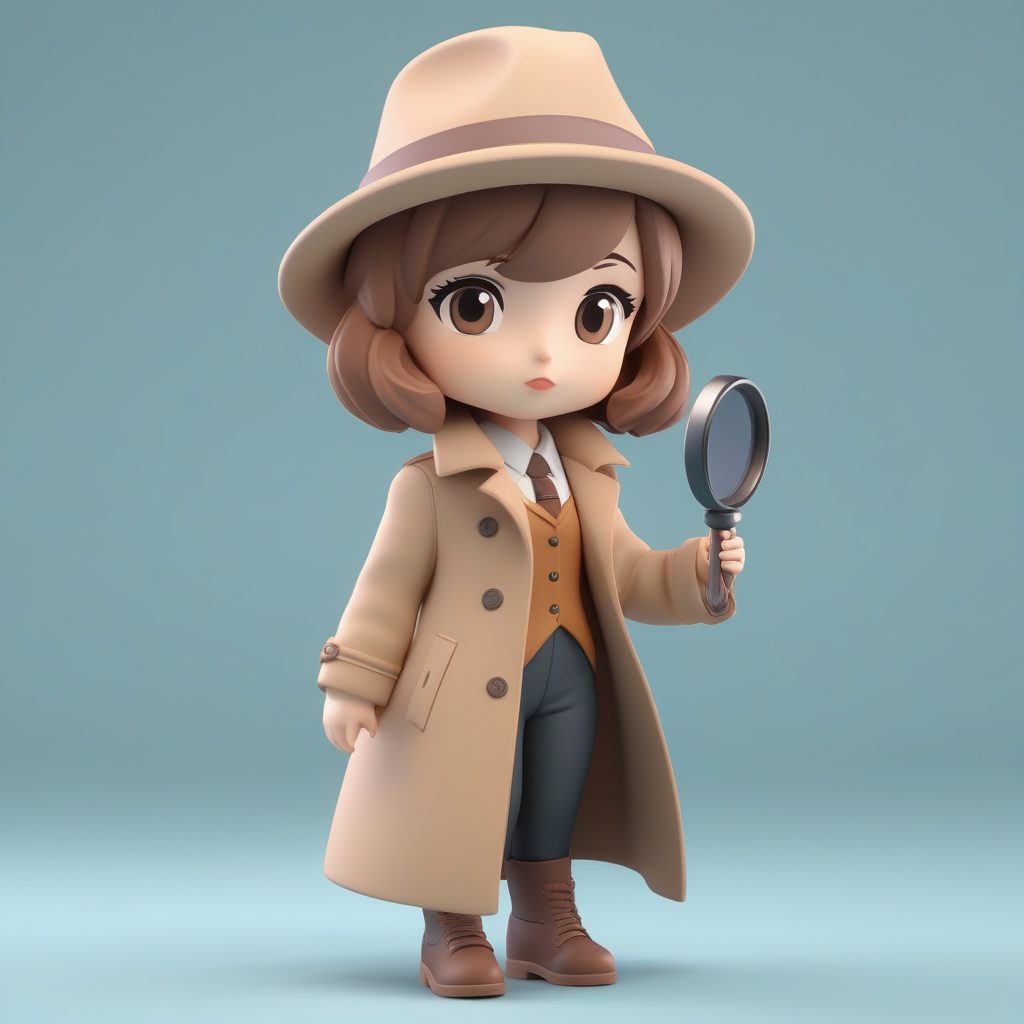 3D侦探Q版女孩全身模型，放大镜与风衣，C4D推理主题渲染