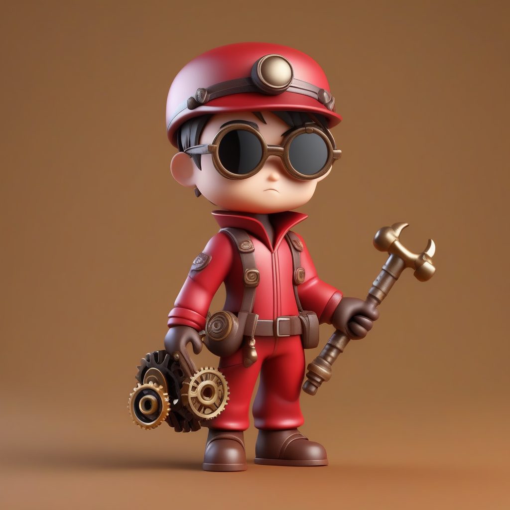 3D蒸汽朋克机械师Q版男孩AI绘画提示词：齿轮与扳手