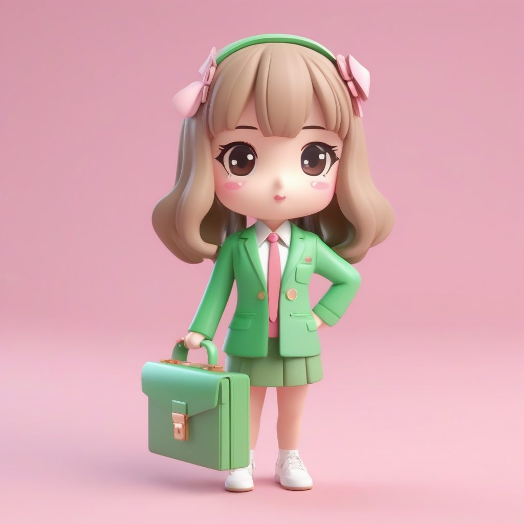 3D职业女性Q版：粘土质感女孩全身站姿，商务盲盒风格AI提示