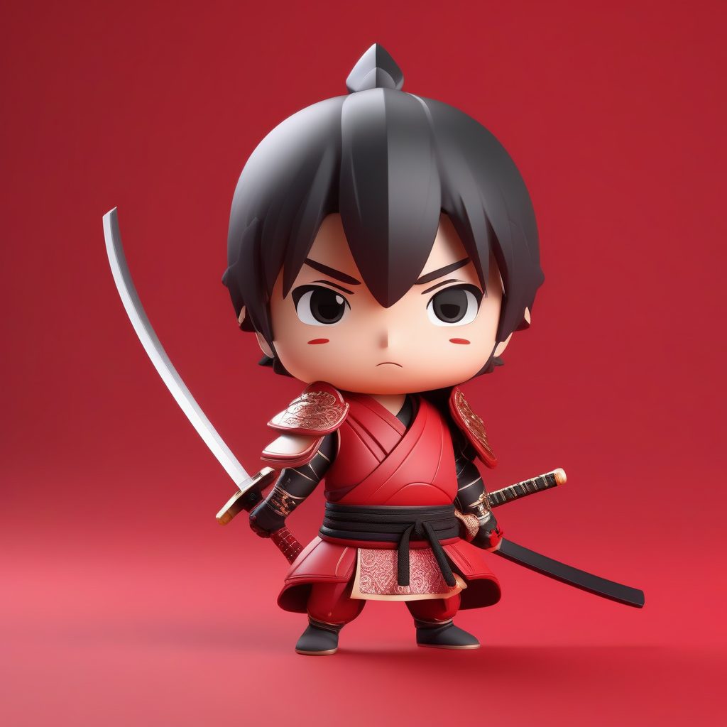 3D Q版武士男孩粘土手办模型AI渲染提示词