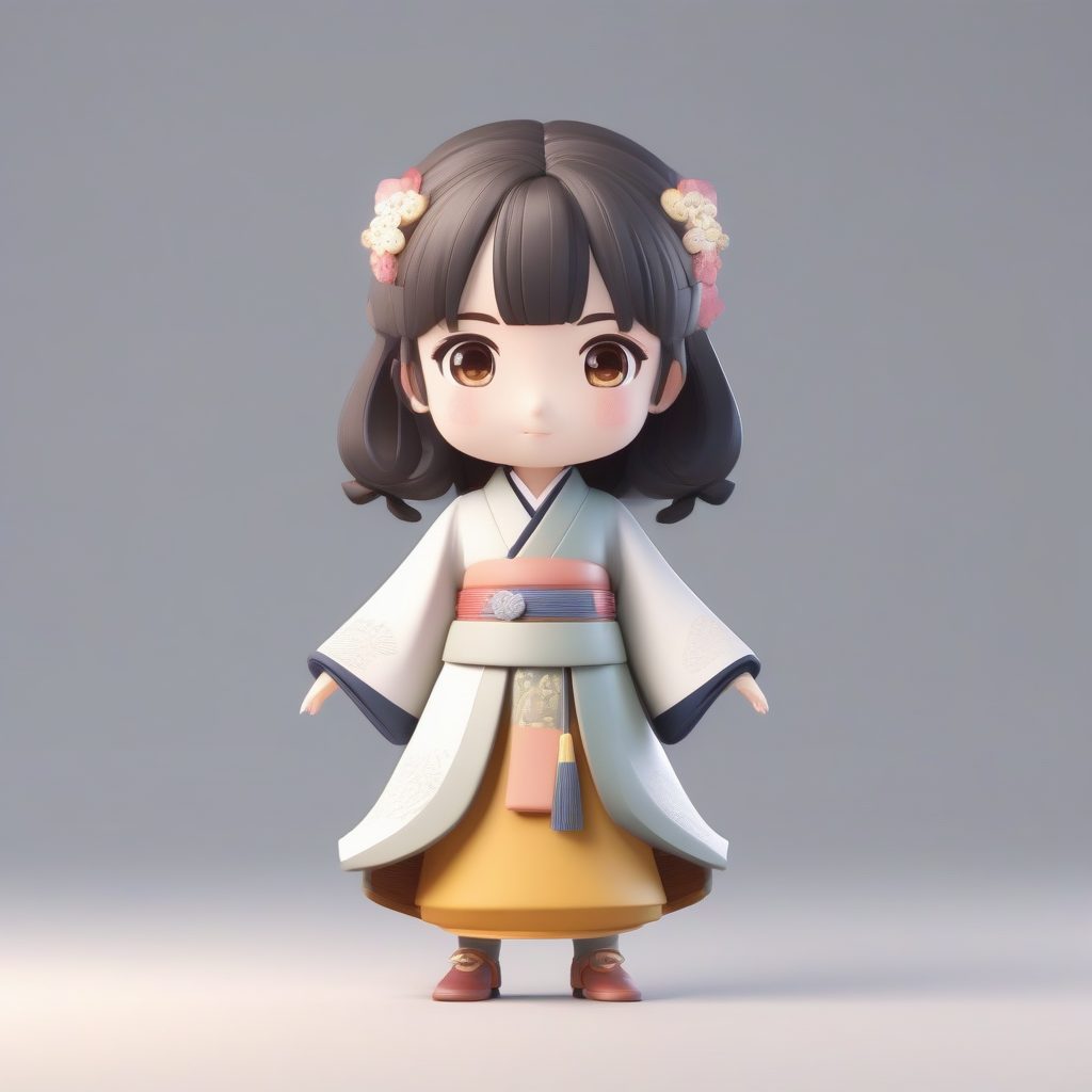 C4D高精度渲染：Q版“汉服小女孩”盲盒手办AI提示词（全身站立/8K）