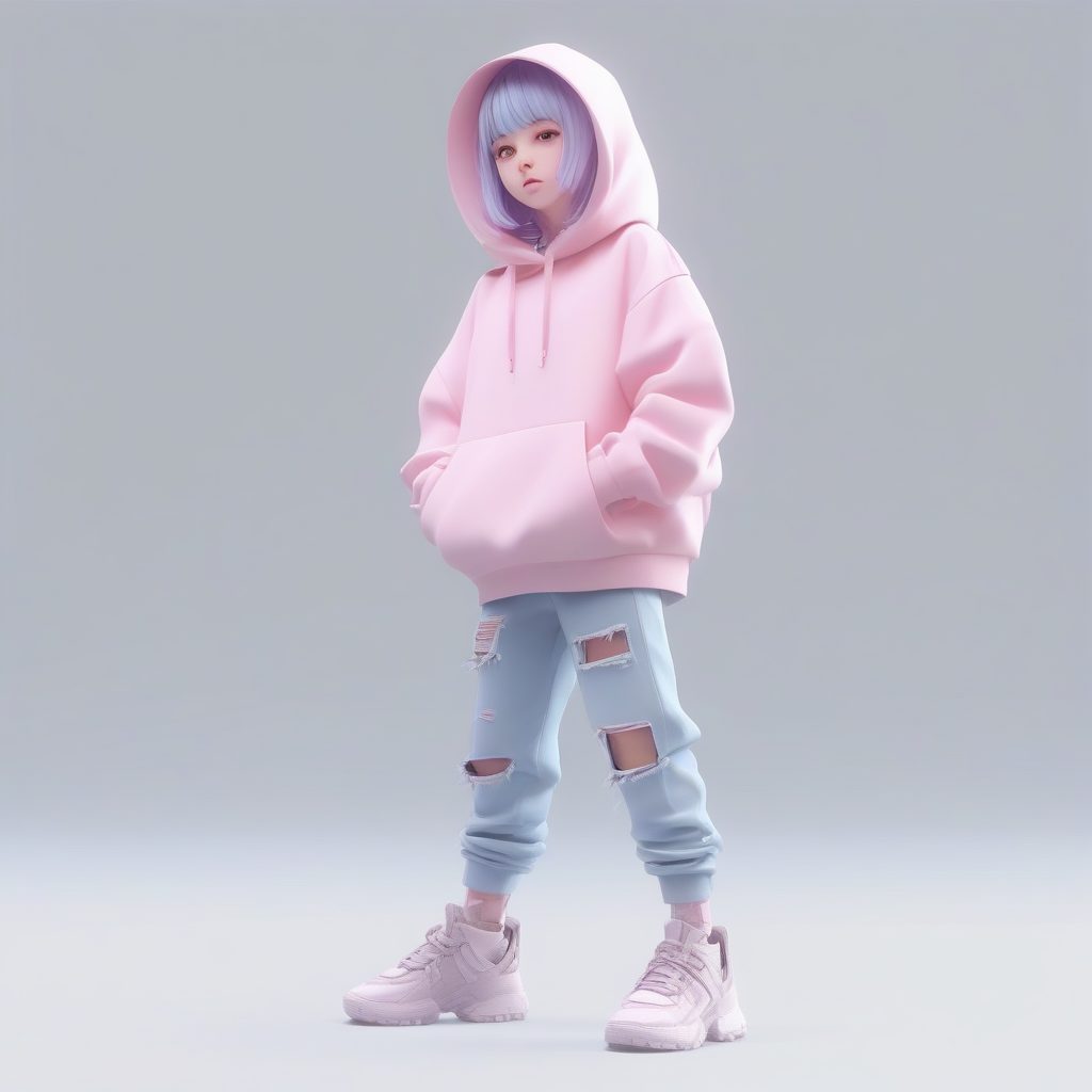 8K潮酷街头风Q版女孩：纯色背景高光线追踪全身站立照