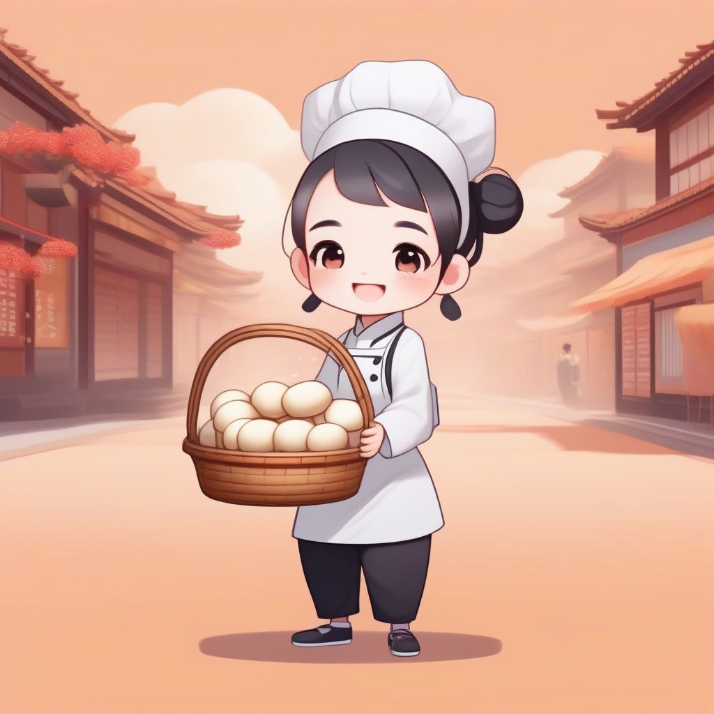 8K超清Q版小厨娘：元气包子铺全身插画，简洁背景设计