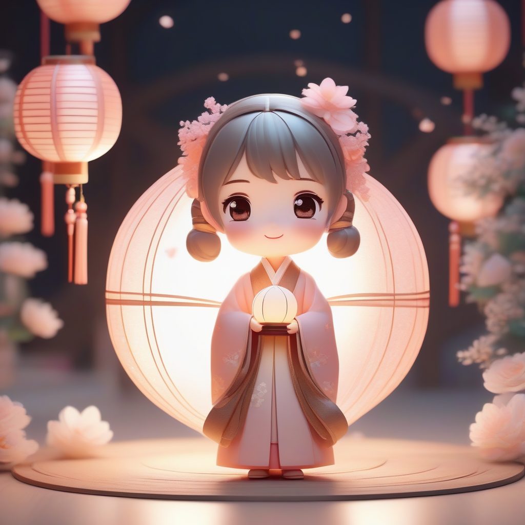 8K高精度Q版汉服仙子：柔和光线下的全身站立照与纯色背景