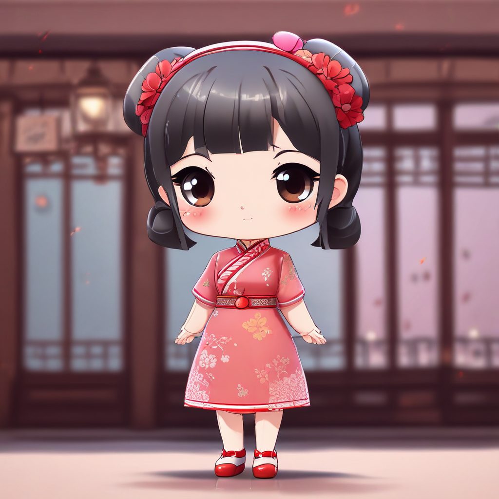 8K光线追踪：AI绘画【Q版旗袍少女】全身站立照，纯色背景极简提示词