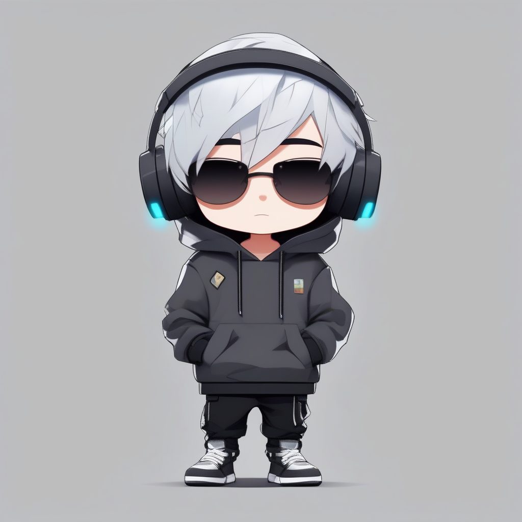 8K极简银发Q版人偶：酷炫耳机与工装裤造型全身渲染图