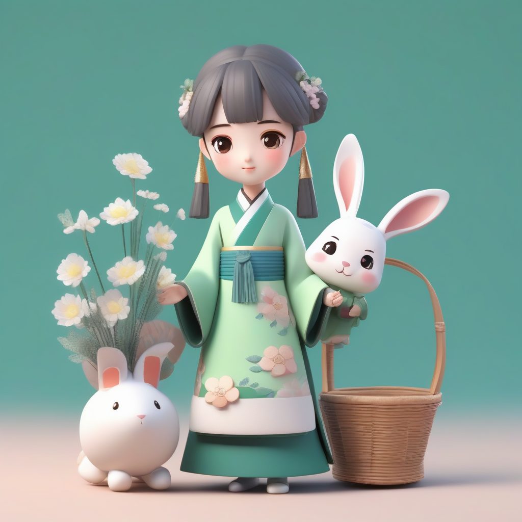 8K柔光：C4D汉服少女与兔子篮子的甜美全身站立照