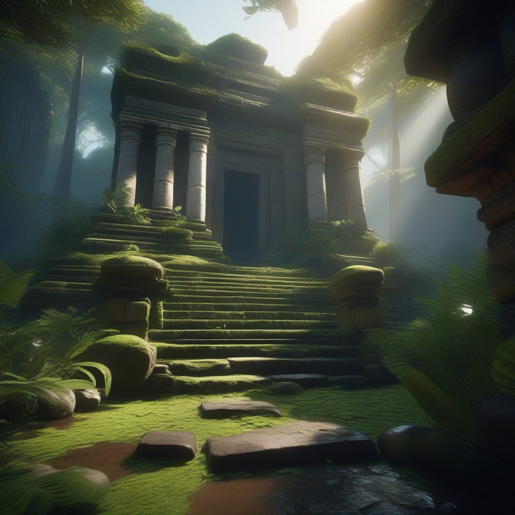 8K细节:潮湿热带雨林中失落的古文明遗迹环境艺术