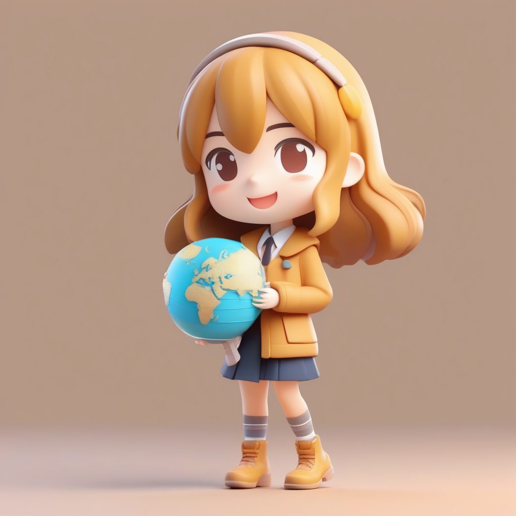 8K Pop Mart Q版地理女教师：手持地球仪，冒险家造型的粘土全身照