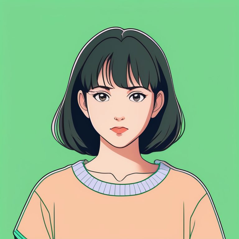 90年代风VHS极简动漫女孩肖像与绿色背景