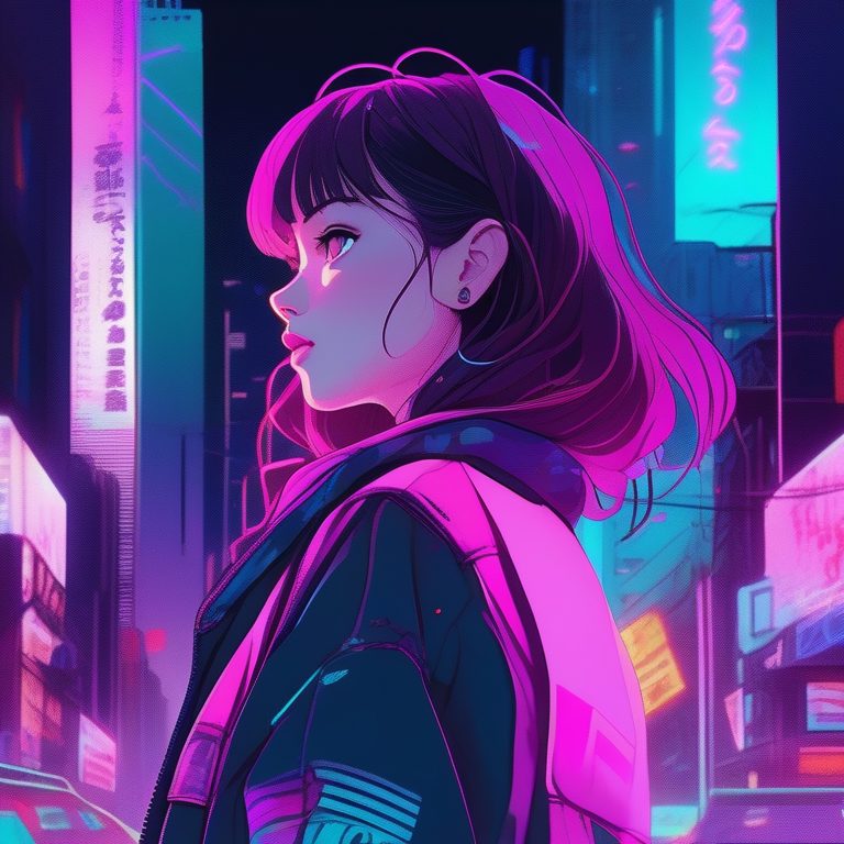 90年代复古VHS风格动漫女孩在都市夜景中