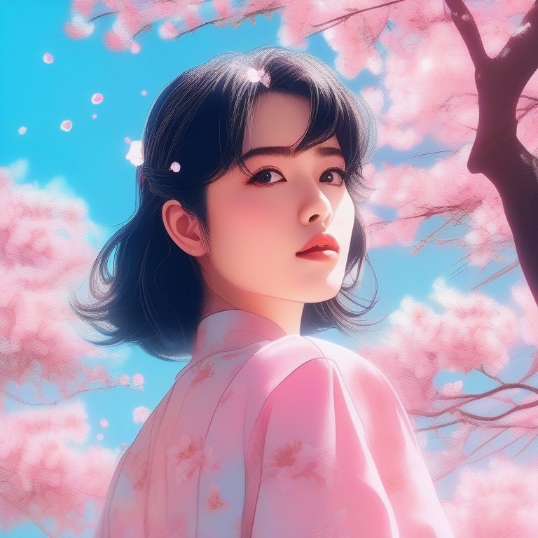 90年代复古VHS风景:樱花树下的女孩肖像