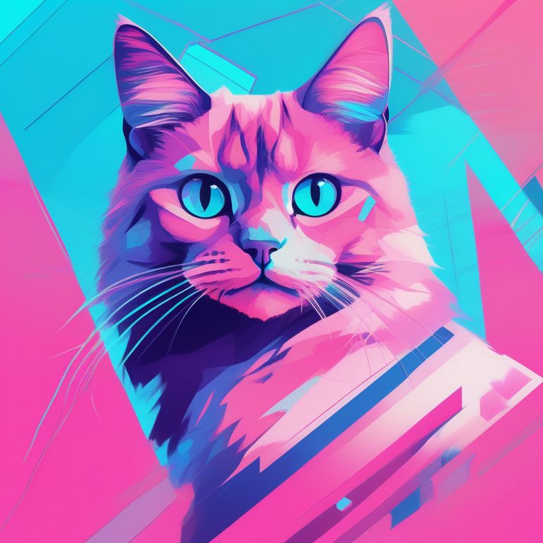 90s VHS动物抽象肖像:蓝粉配色电子猫