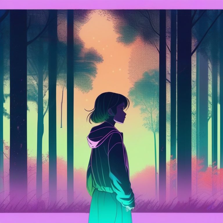 90s VHS自然场景:复古动漫女孩森林晨曦