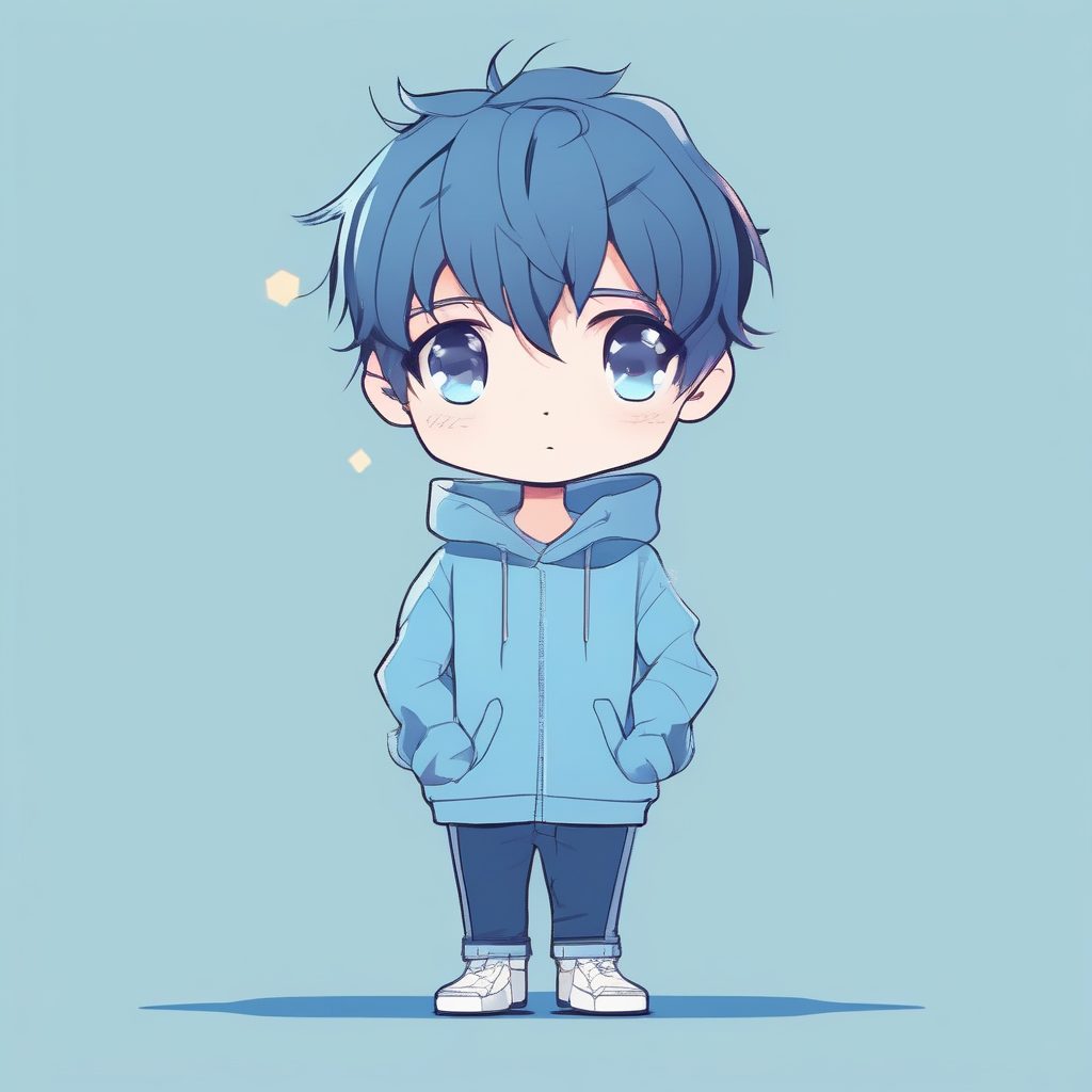 极简Q版动漫蓝衣小男孩纯色背景全身像