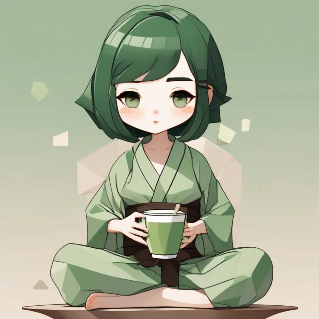 坐着喝抹茶的极简Q版和风女孩