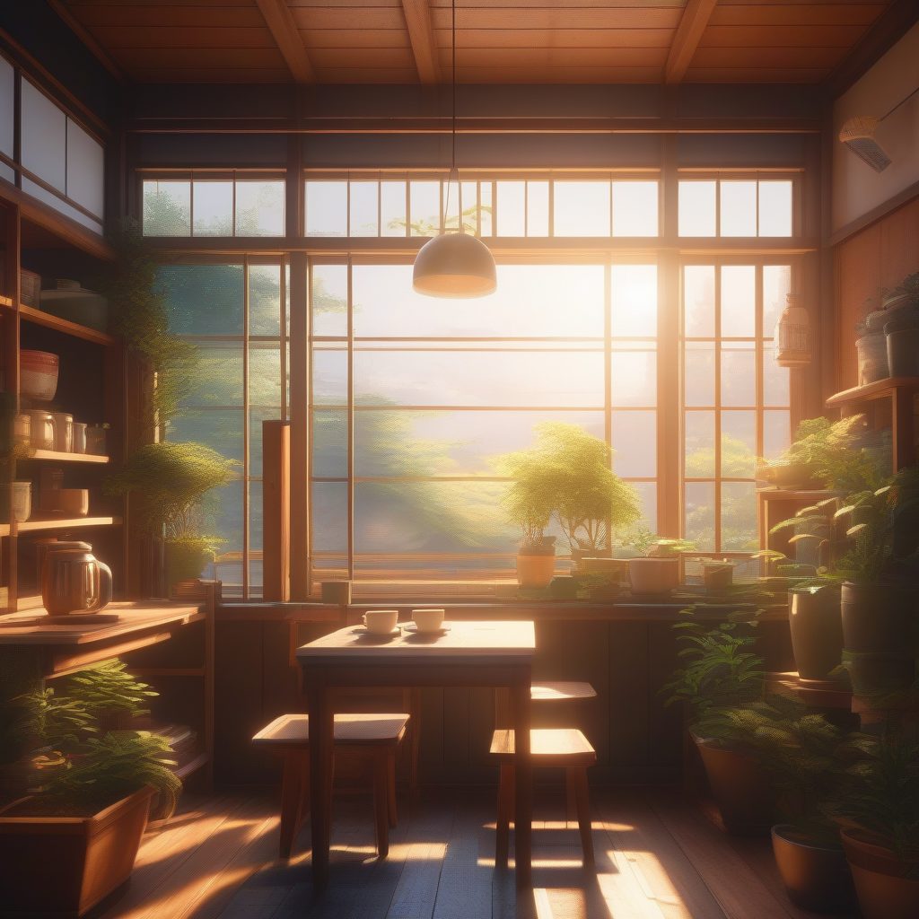 AI室内设计概念图：用治愈系新海诚光影打造日式咖啡馆的温暖秘境