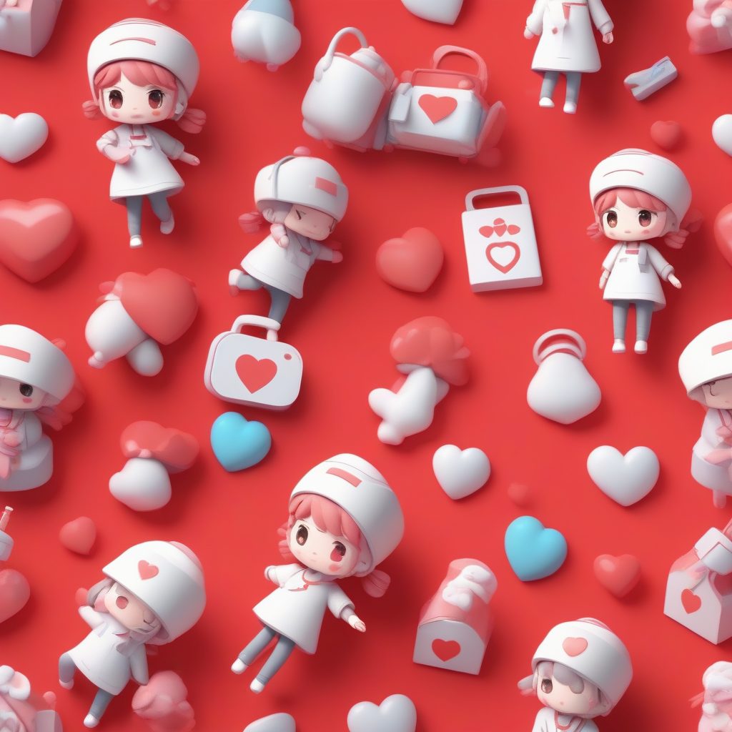 爱心Q版护士：拥抱大红心，深珊瑚色背景的治愈模型