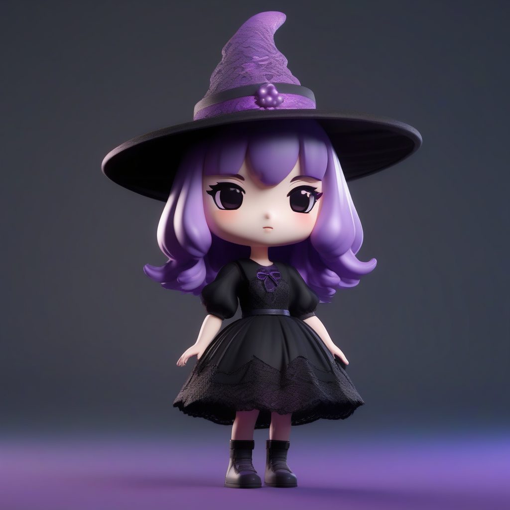 暗黑甜心：哥特萝莉风Q版小女巫全身渲染，柔和粉色纯色背景