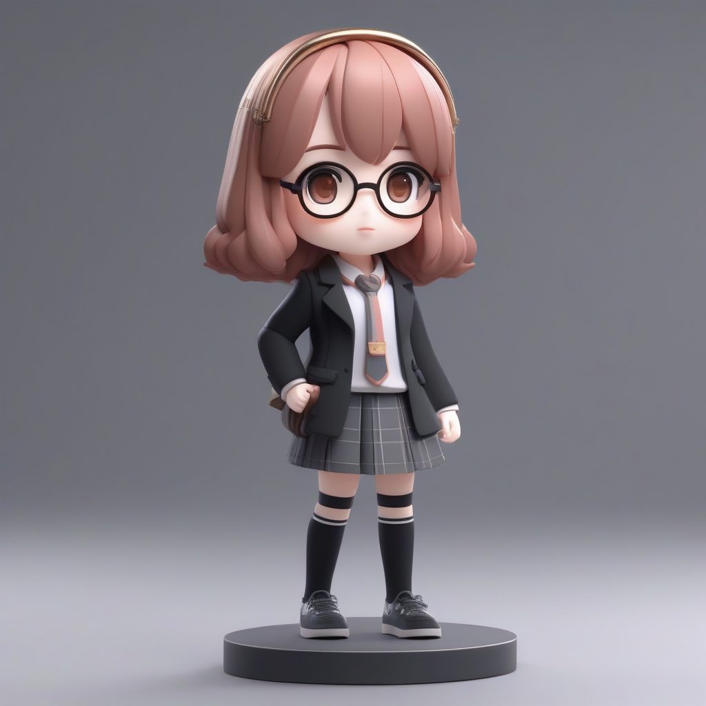 暗黑学院风Q版女孩：极简配色3D手办全身照，柔和灰纯色背景