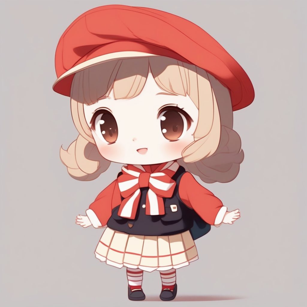 巴黎复古Q版:贝雷帽和条纹衫,优雅全身特写纯色背景图