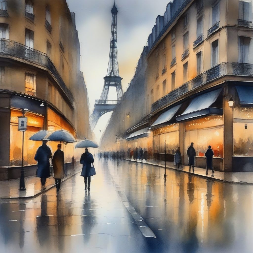 巴黎雨夜街景：意境模糊的大气水彩都市