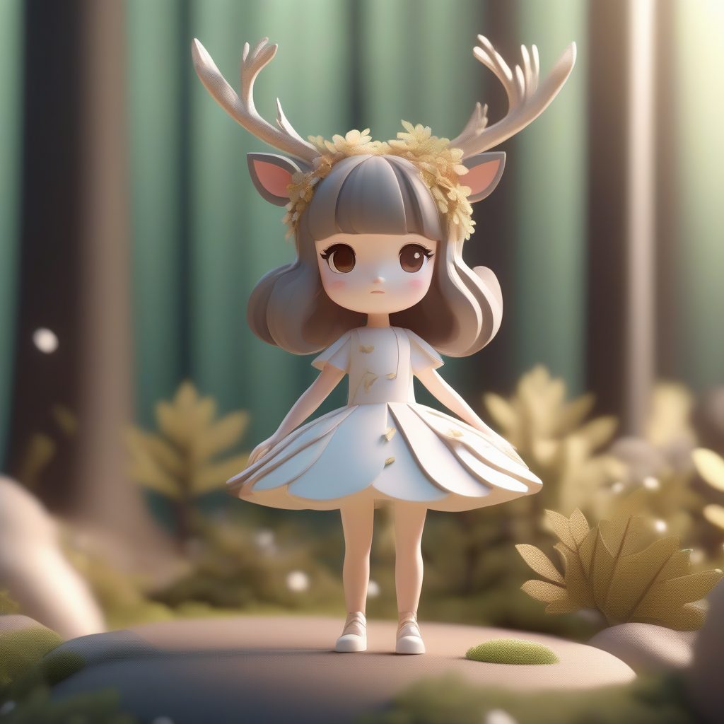 八音盒风格：优雅鹿角娘Q版芭蕾姿态3D渲染