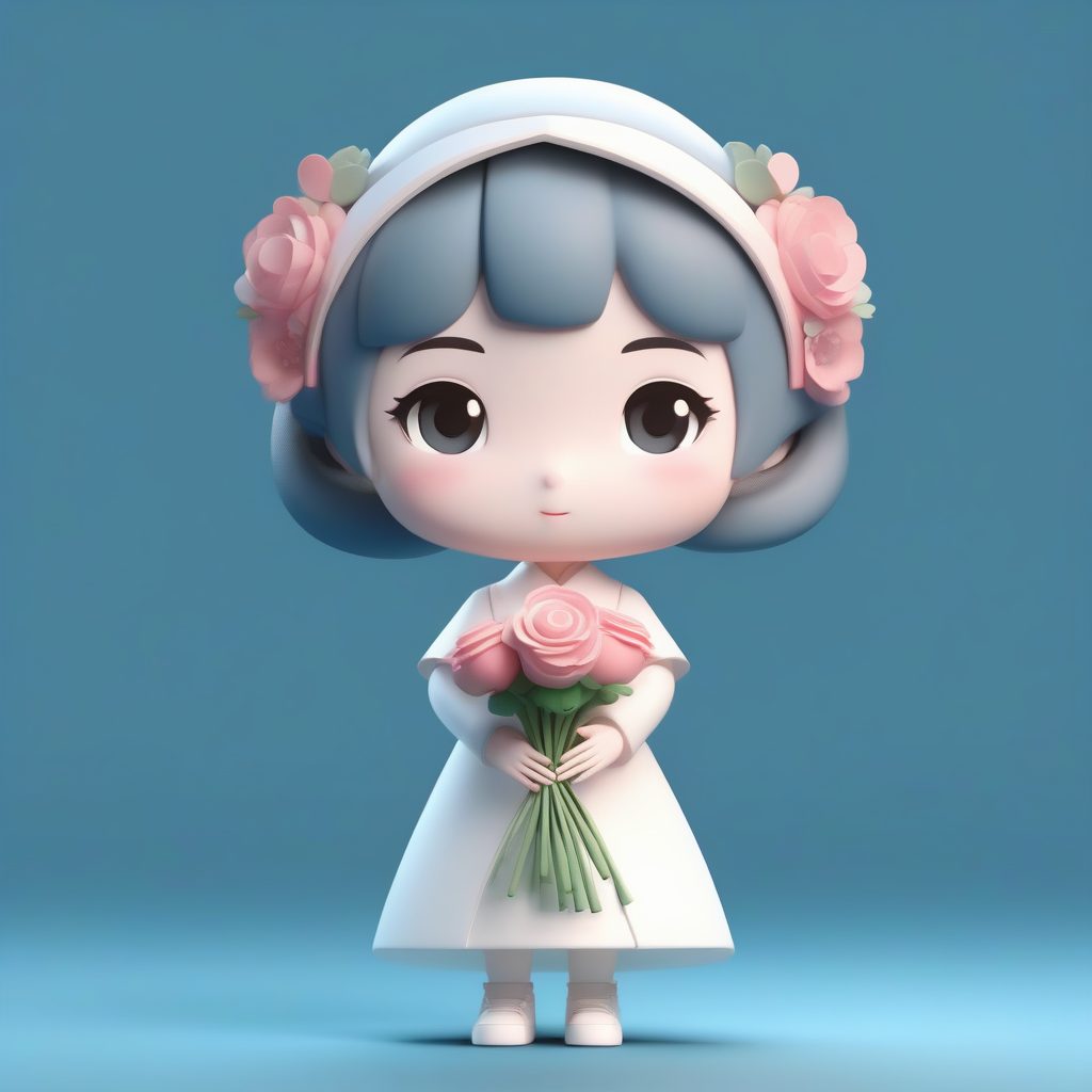 白色婚纱旗袍Q版：捧花闭眼梦幻3D卡片