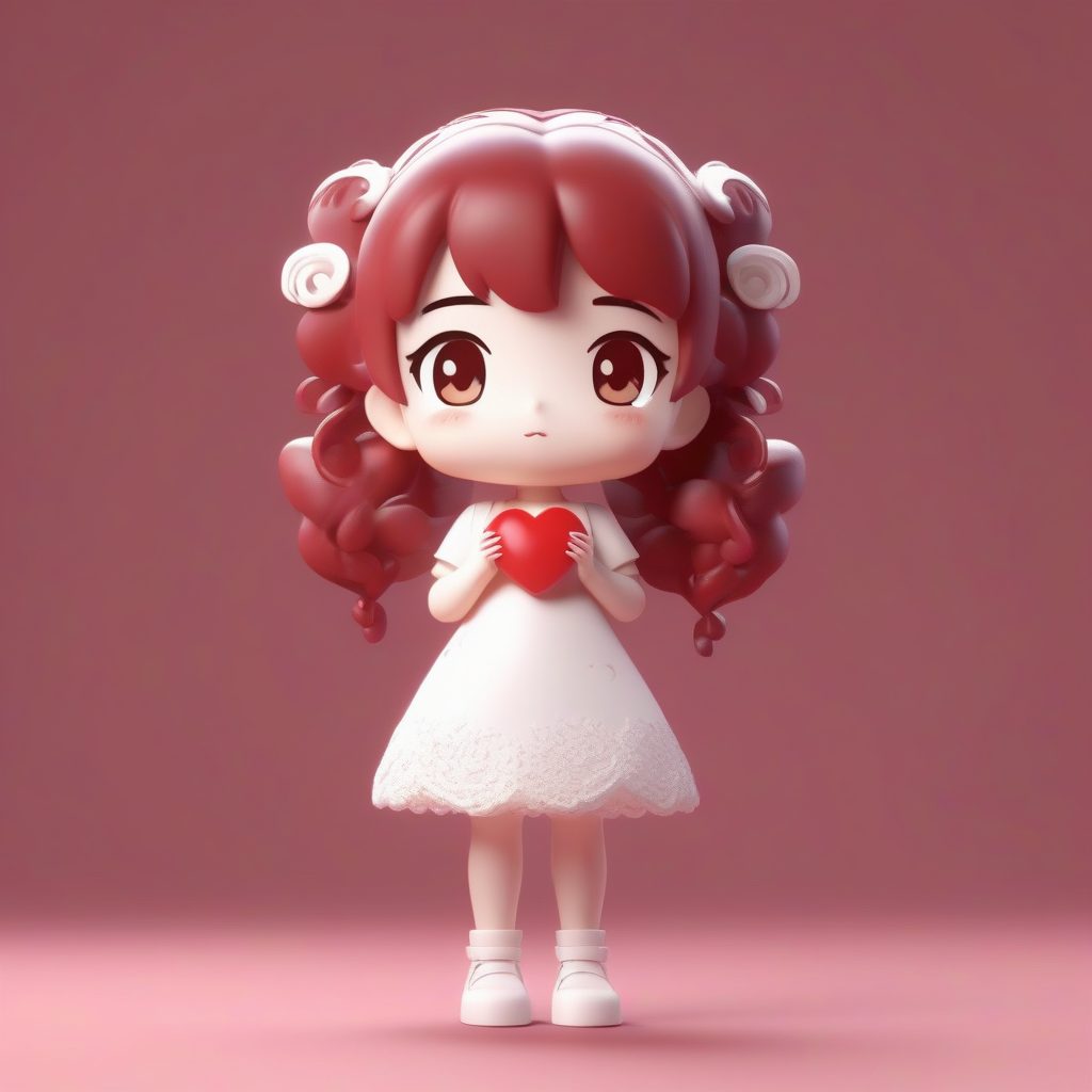 白色蕾丝旗袍Q版少女：吹吻告白姿势，深红色纯色背景渲染