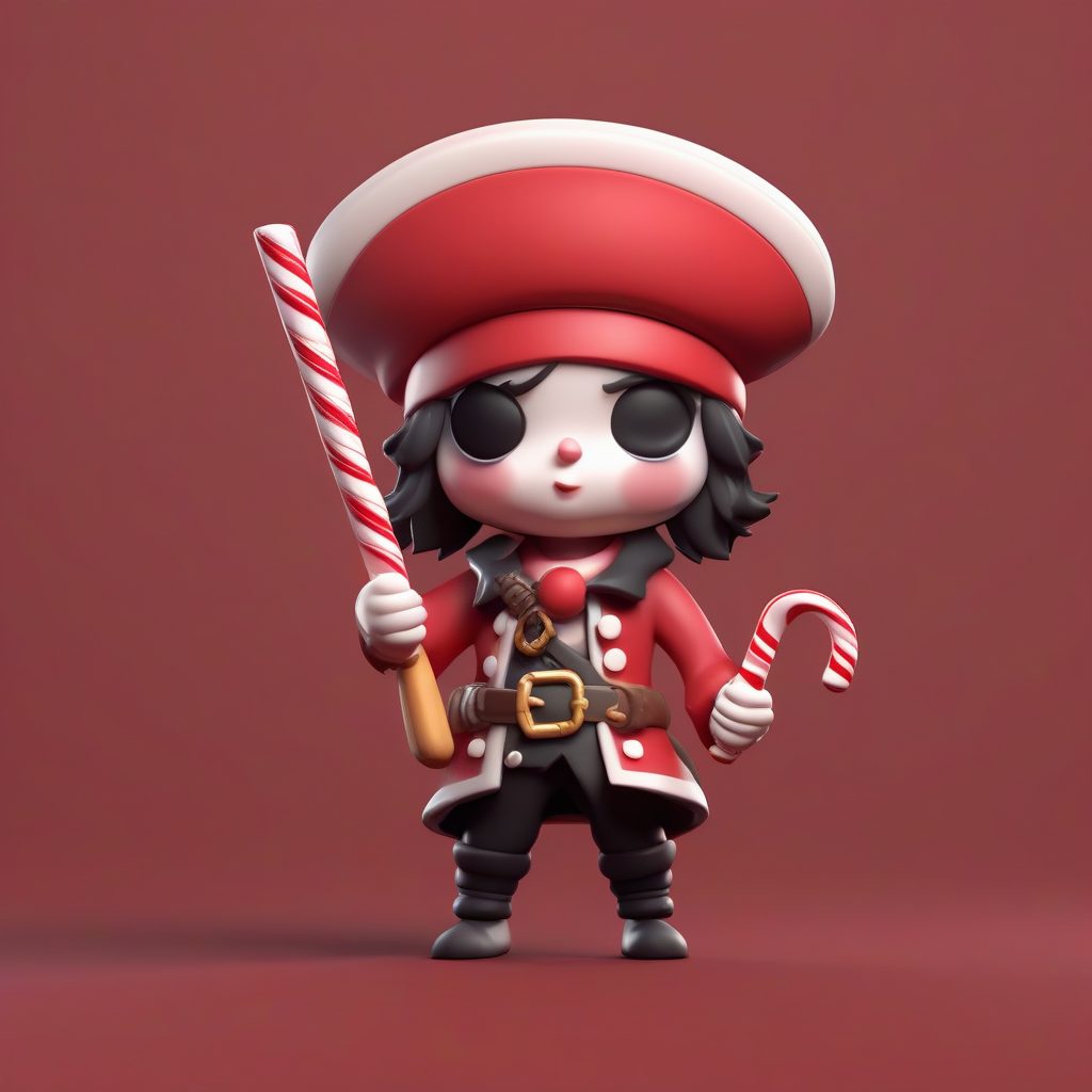 棒棒糖海盗Q版：戏剧性敬礼姿势，高细节布料，纯深红背景